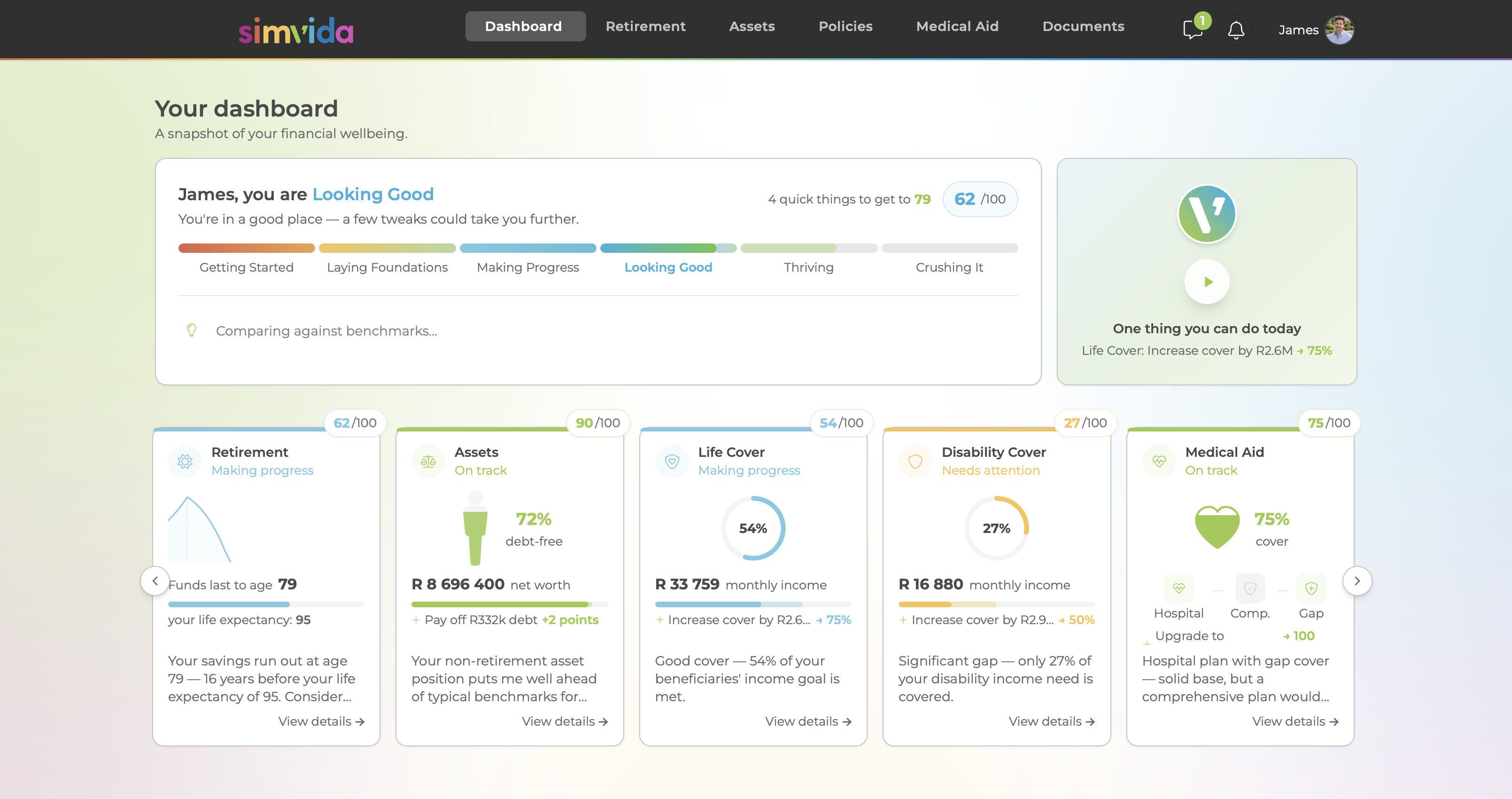 SimVida client dashboard showing net worth at a glance